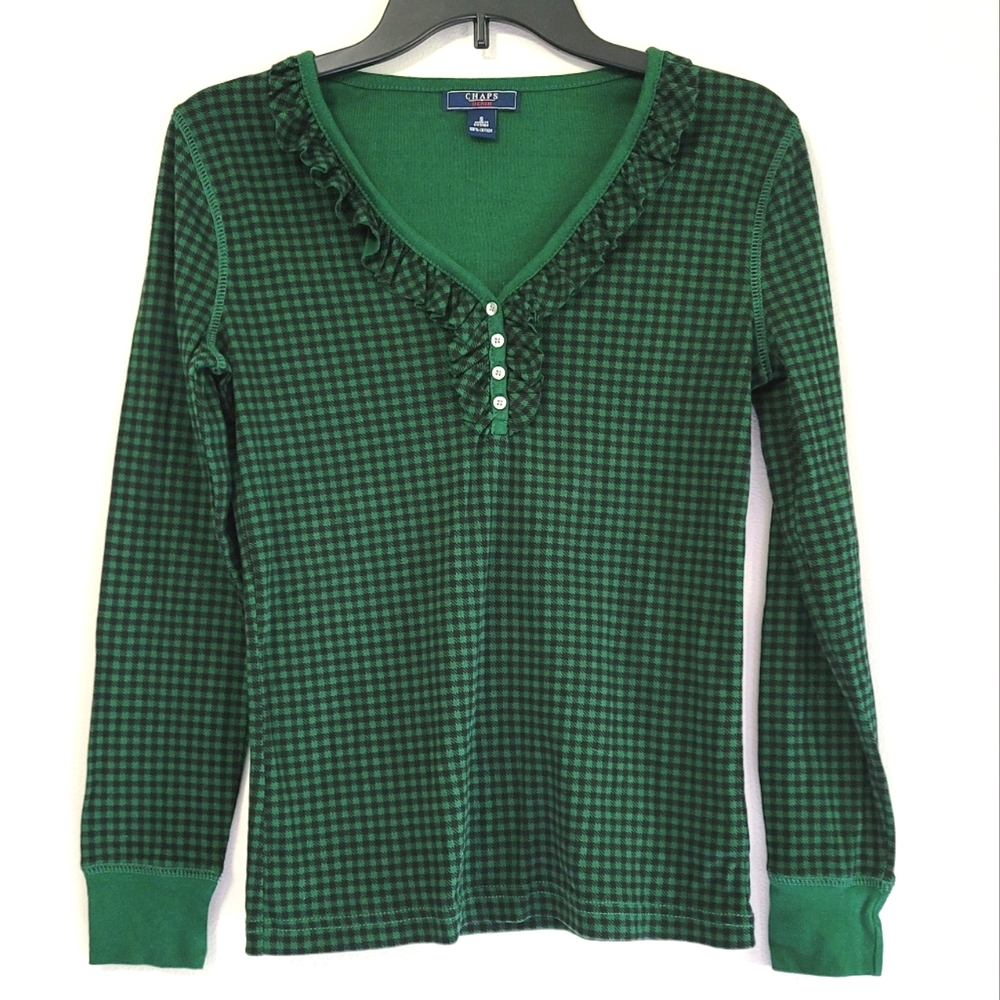 Chaps Long Sleeve Black and Green 100% Cotton Plaid Pajama Top Size Small - Picture 1 of 3